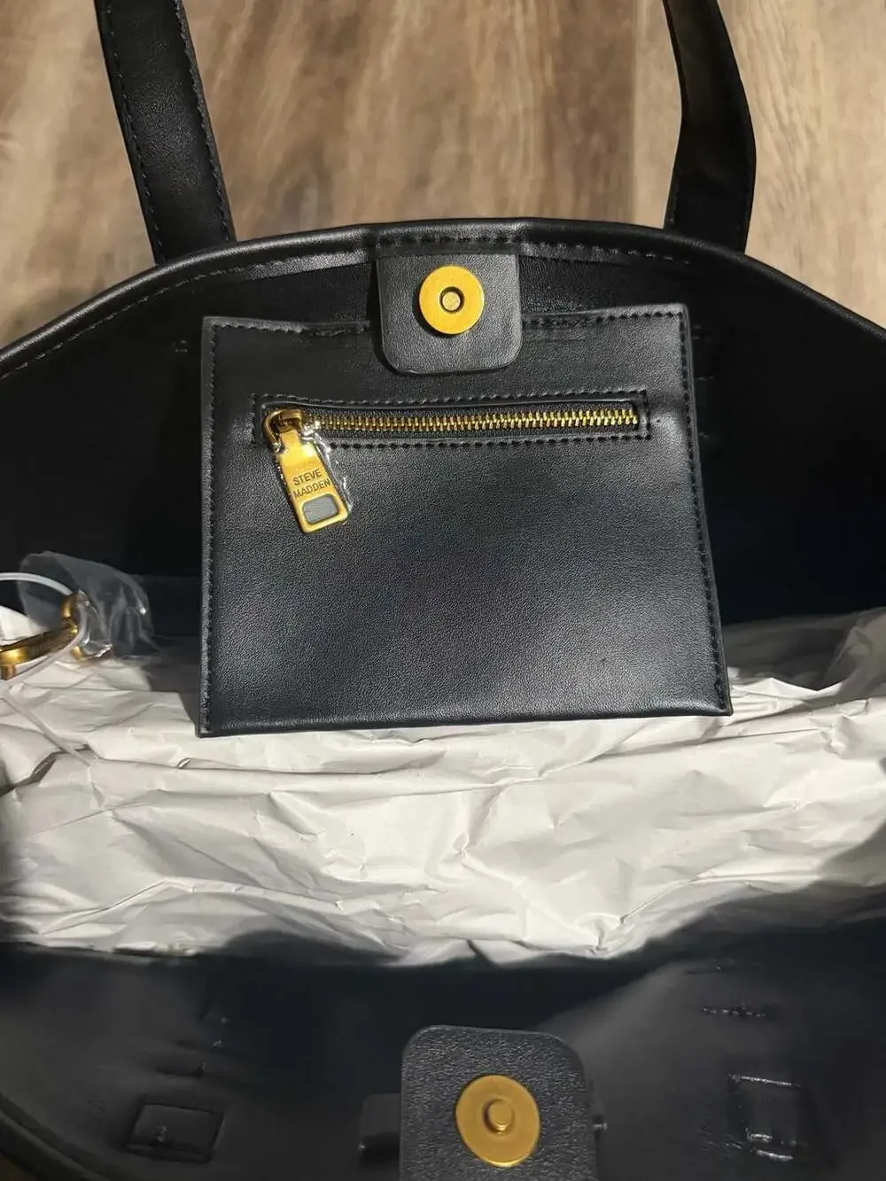 NWT Steve Madden Black Suedette Tote Bag with Leopard Print Card Holder & Charm